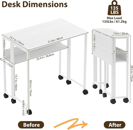 31.5" Folding Desk Rolling Desk with Storage Shelf,Space-Saving Foldable Computer Desk with Wheels,Portable Mobile Couch Sofa Side Table for Small Spaces, Home Office, Study, Easy Assembly,white