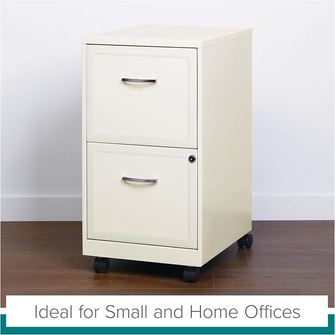 Space Solutions - 2 Drawer Fully Assembled Vertical Steel File Cabinet, Home & Small Office Use, Fits Under Most Desks, Letter-Size, Lock, Mobile, Pearl White