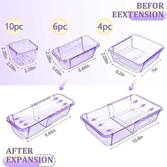 20 Pcs Adjustable Clear Drawer Organizer, Extendable Vanity Storage Bins, Desk Drawer Organizer Set for Makeup, Cosmetics, Bedroom, and Gadgets, Purple