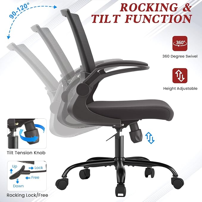 Mesh Office Chair with Flip-Up Armrests – Standard Issue Office Chair, Swivel Rolling Desk & Work Chair with Lumbar Support, Ergonomic Computer Chair for Home Office, Corporate Office, Black