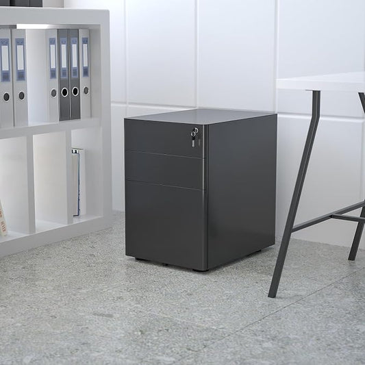 Flash Furniture Warner Modern 3-Drawer Mobile Locking Filing Cabinet with Anti-Tilt Mechanism and Hanging Drawer for Legal & Letter Files, Black