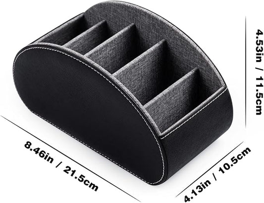 BONNY DODO Remote Control Holders Organizer Box with 5 Compartment PU Leather Multi-functional Office Desk Storage Caddy Store Tv Remote for Media Player,Brush,Pencil,Glassees&Office Supplies (Black)
