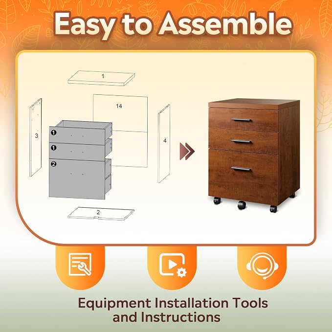DEVAISE 3 Drawer File Cabinet for Home Office, Wood Under Desk Filing Cabinet, Rolling Printer Stand with Wheels, Walnut