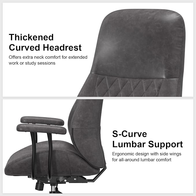 E-Ser Leather Desk Chair, Mid Century Modern Office Chair, Grey | Lumbar Support, Ergonomic, 360° Swivel, Rubber Rolling Wheels, Adjustable Height, for Adults