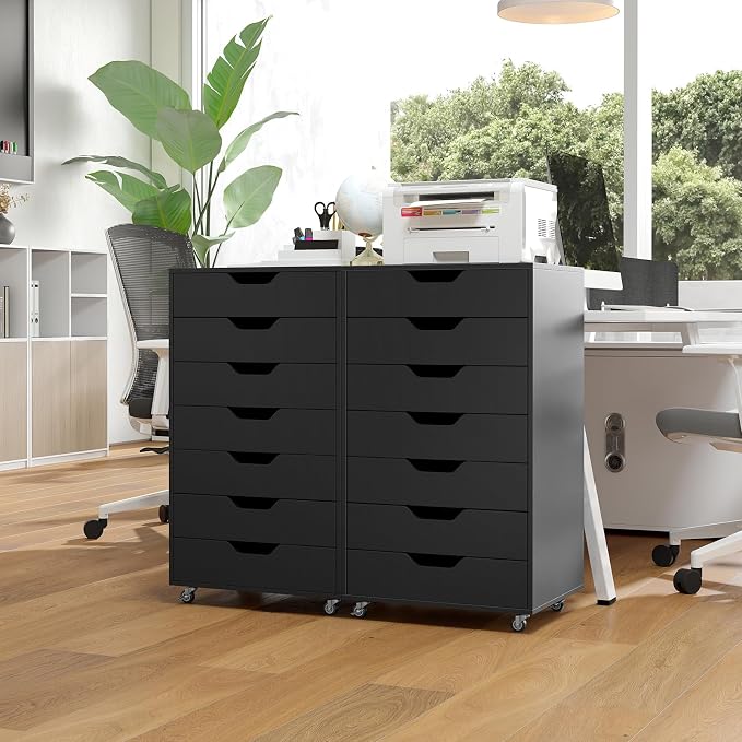 7 Drawers Filing Cabinet, Vertical File Cabinet for Home Office, Mobile Under Desk Office Storage Cabinets with Wheels (Black)