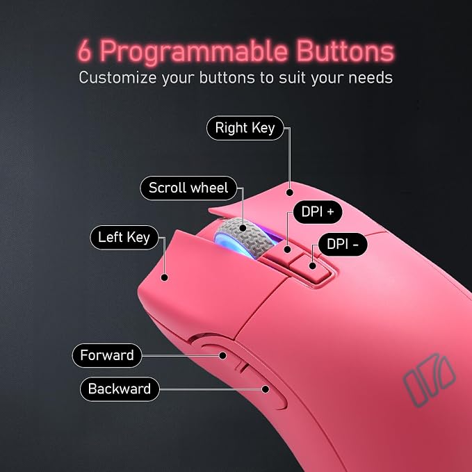 iRocks M31R Wireless Gaming Mouse, Triple Mode 2.4G/ Bluetooth/USB-C Detachable Cable Gaming Mouse, Kailh GM8.0 Mouse Switches, Advanced PixArt PAW3395 Optical Sensor, Up to 26,000 DPI - Pink