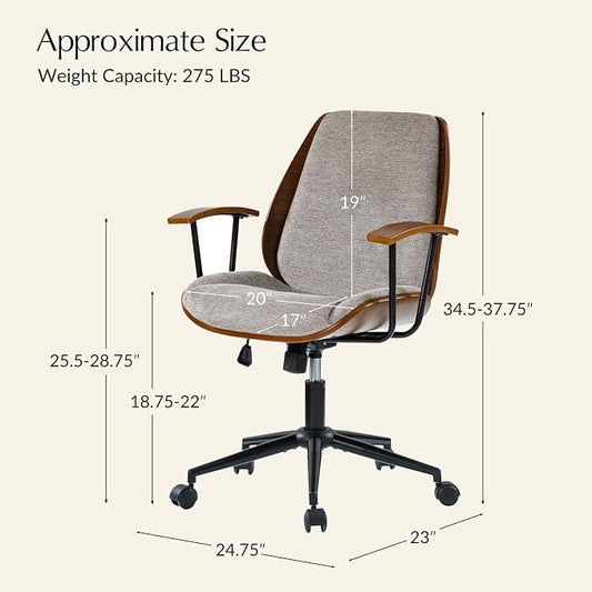 HULALA HOME Solid Wood Office Chair with Rocking Function, Comfy Fabric Desk Chair with Bent Wood and Metal Base, Height Adjustable Swivel Computer Task Chair, Tan