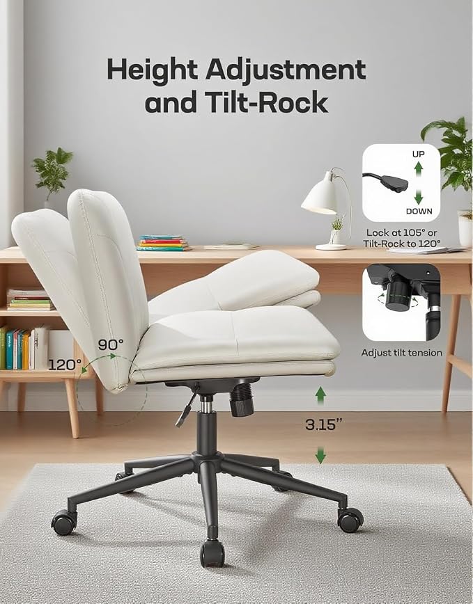 Marsail Armless-Office Desk Chair with Wheels: PU Leather Cross Legged Wide Chair,Comfortable Adjustable Swivel Computer Task Chairs for Home,Office,Make Up,Small Space,Bed Room, Gray Beige