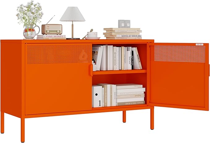 Metal Storage Cabinet with 2 Doors & Adjustable Shelves, 25" H Orange Accent Cabinet, Metal Locker Storage Cabinets, Tv Stand Cabinet for Home, Office, Living Room, Entryway