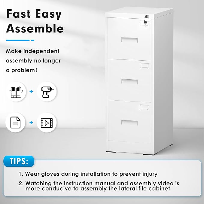 Pataku 3 Drawer File Cabinet with Lock, Sturdy Metal Vertical Filing Cabinets for Home Office, Under Desk Paperwork Storage Fully Extendable Slides Letter Legal A4 Size 18x15x41 Inches, White
