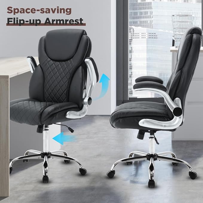 Big and Tall Office Chair 400lbs, High Back Ergonomic Desk Chair with Lumbar Support, Heavy Duty PU Leather Executive Computer Chair with Flip-up Arms, Rocking Swivel Task Chair for Home Office Black