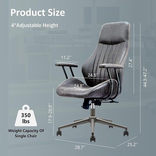 High Back Home Office Chair, Mid Century Vintage Executive Chair,Comfy Ergonomic Rolling Office Task Chair with Lumbar Support,Faux Leather Office Chair,Dark Gray