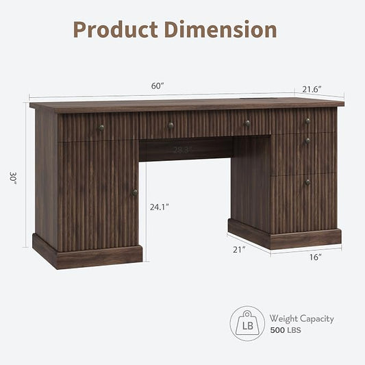 Garvee 60" Office Desk with Storage & Drawers, Fluted Wood Executive Desk with File Drawer & Charging Station, Modern Computer Desk with Adjustable Shelves for Home Office, Brown