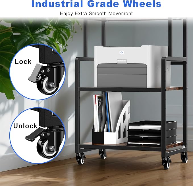 21.3 x 15.7 Inch Printer Stand, 5-Adjustable Heights 3 Tier Printer Cart with Wheels, Mobile Printer Table for Home Office for Storage Heat Press Scanner Fax, Rustic Brown