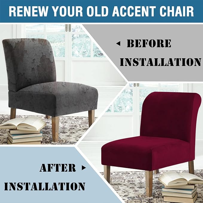 H.VERSAILTEX Armless Accent Chair Covers Thick Velvet Armless Chair Slipcovers High Stretch Chair Covers for Living Room Hotel Machine Washable Furniture Protector with Elastic Bottom, Burgundy