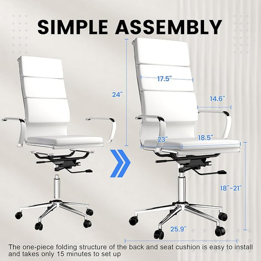 GTPOFFICE Ribbed Office Desk Chair High Back Ergonomic Chair with Wheels Cute Modern Executive Chair Bonded Leather Lumbar Support Computer Chair Swivel Tilt, Snow White
