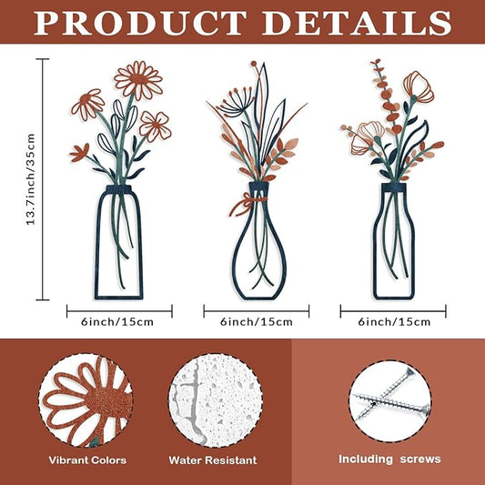 Pigort 3 Pieces Metal Flowers Wall Arts - Rustic Farmhouse Decor Minimalist Flower Wall Decors for Living room Bathroom Bedroom Dining Room-Housewarming Gifts