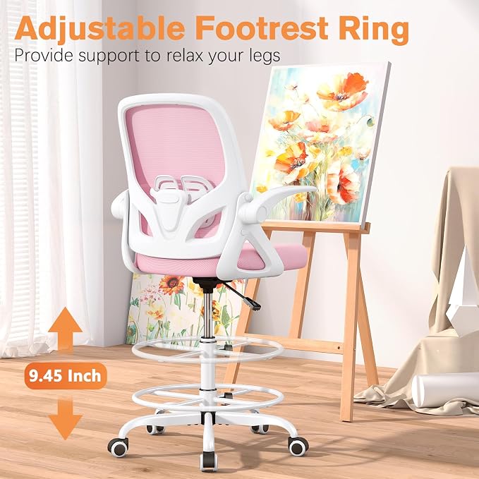 ORRSAKER Drafting Chair, Tall Office Chair with Flip-up Arms, Mesh Ergonomic Computer Standing Desk Chair with Adjustable Height Foot Ring and Lumbar Support, 300 LBS Capacity, Pink