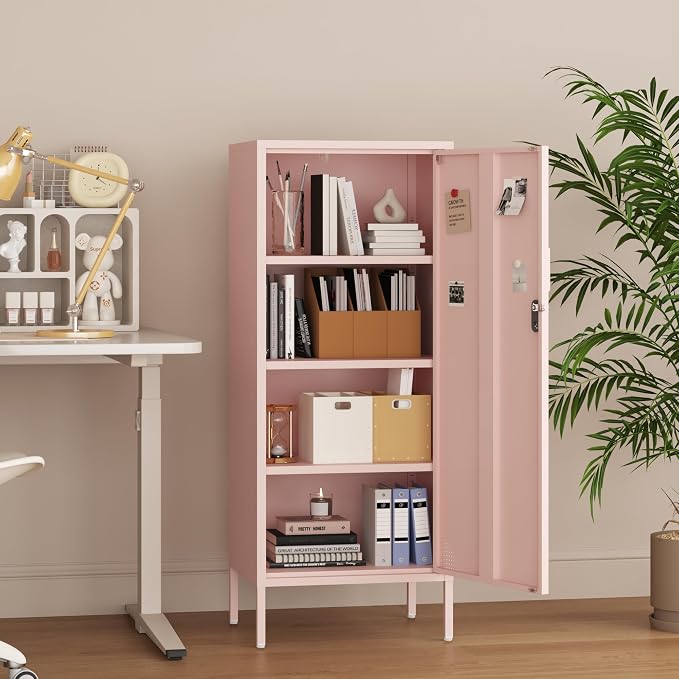 Steehoom Metal Locker Cabinet Lockable Bathroom Storage Cabinet Black 4 Tier Employee Lockers for Home, School, Office, Garage (Pink, 19.69" D x 15.75" W x 49.21" H)