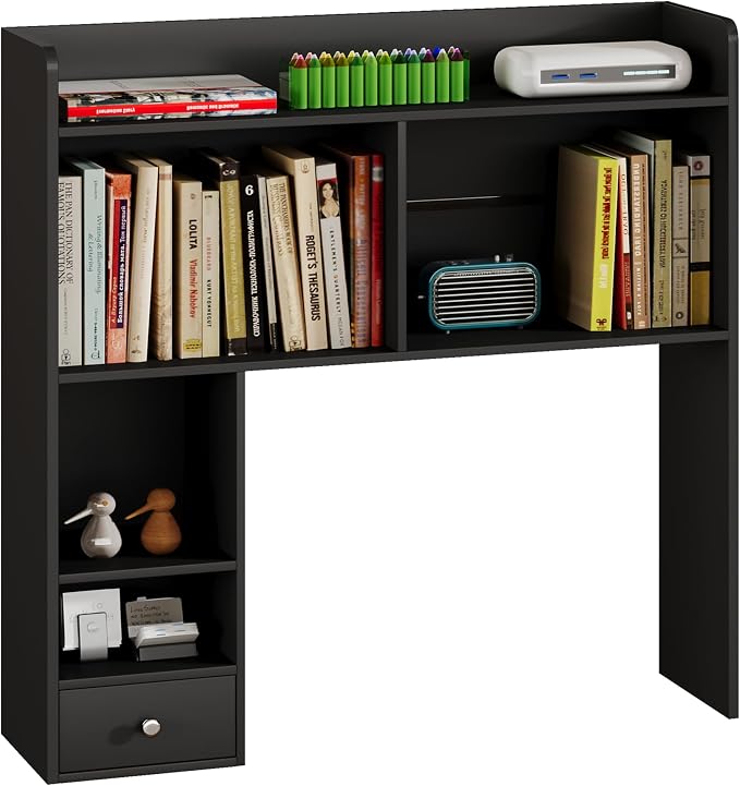 ChooChoo Desktop Bookshelf, 36.4" Tall Countertop Desk Hutch with 5 Shelves and 1 Drawer for Computer Desk, Desk Shelf Organizer for Dorm Office Home,Black