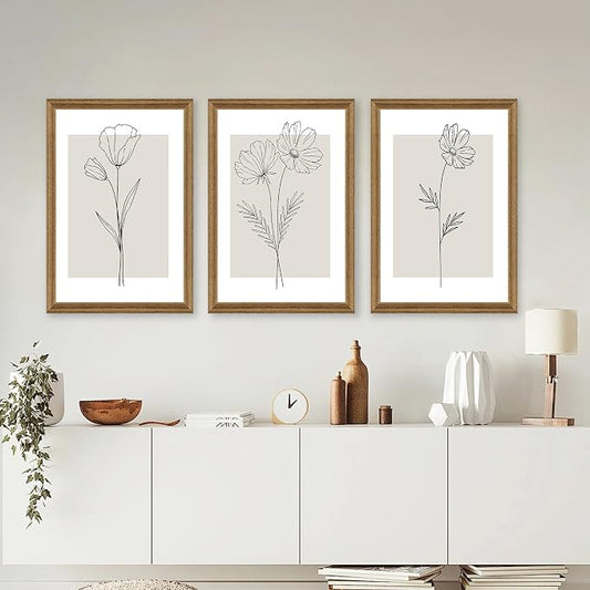ICHZUMW Neutral Botanical Floral Wall Art, Black and White Farmhouse Flowers Wall Decor, Modern Minimalist Line Art Canvas Prints, Beige Artwork, Living Room Bedroom Home Office, Set of 3, 20x30in