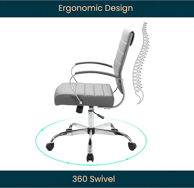 LeisureMod Benmar Leather Office Desk Chair, Mid-Back Ergonomic Swivel Chair with Lumbar Support, Adjustable Height, Tilt Lock, Cushioned Seat & Back, Home Office Task Chair (Grey, Single)