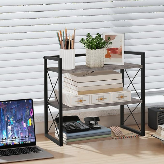 YINMIT Desktop Shelf Organizer, 2 Tier Office Shelves, Wood Desk Organizer Storage Rack and Freestanding Display Shelf for Office, Dormitory, Home (Grey)