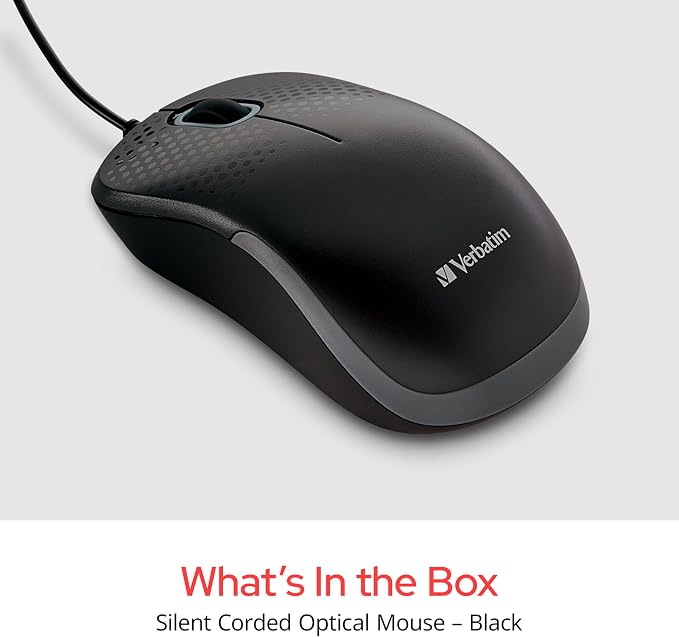 Verbatim USB Silent Corded Optical Mouse - Computer Wired Noiseless and Silent Click Mouse for Mac and PC - Black