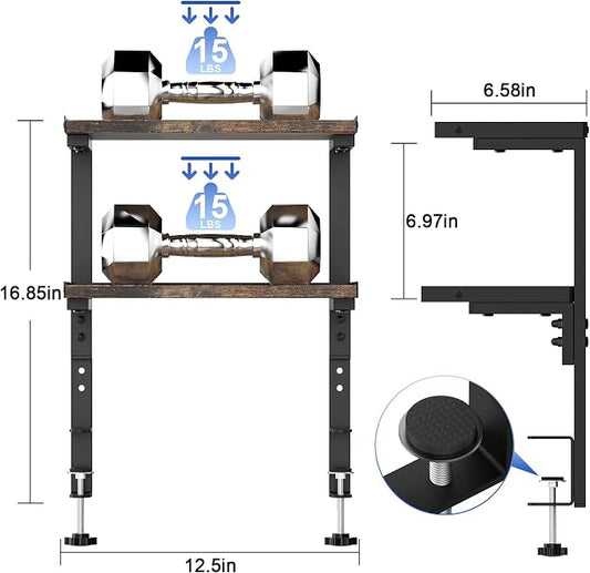 2-Tier Desk Shelf, Expandable Under Desk Storage, Clamp on Desk Shelf, Desktop Accessories for Offices, Study Rooms, and Game Rooms (Wood)