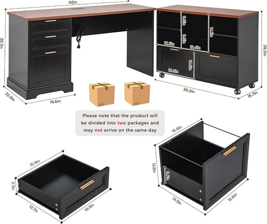 60" Farmhouse Executive Desk and 40" Mobile File Cabinet Combination,L Shaped Executive Desk with Charging Station,Home Office Desk for Office Work,Home Study