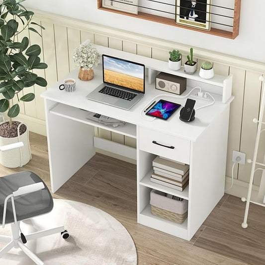 GOFLAME White Computer Desk with Charging Station, Type C Port, Modern Writing Desk with Drawer, Removable & Adjustable Shelf, Keyboard Tray, Home Office Laptop Desk with Hutch, for Bedroom, Study