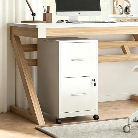 SAWJEC 2 Drawer Metal File Cabinet with Lock, White Mobile Filing Cabinet for Home Office, Assembly Required, Vertical Locking File Cabinet with Letter Size Hanging Files, 17.7" D x 15.0" W x 26.8" H