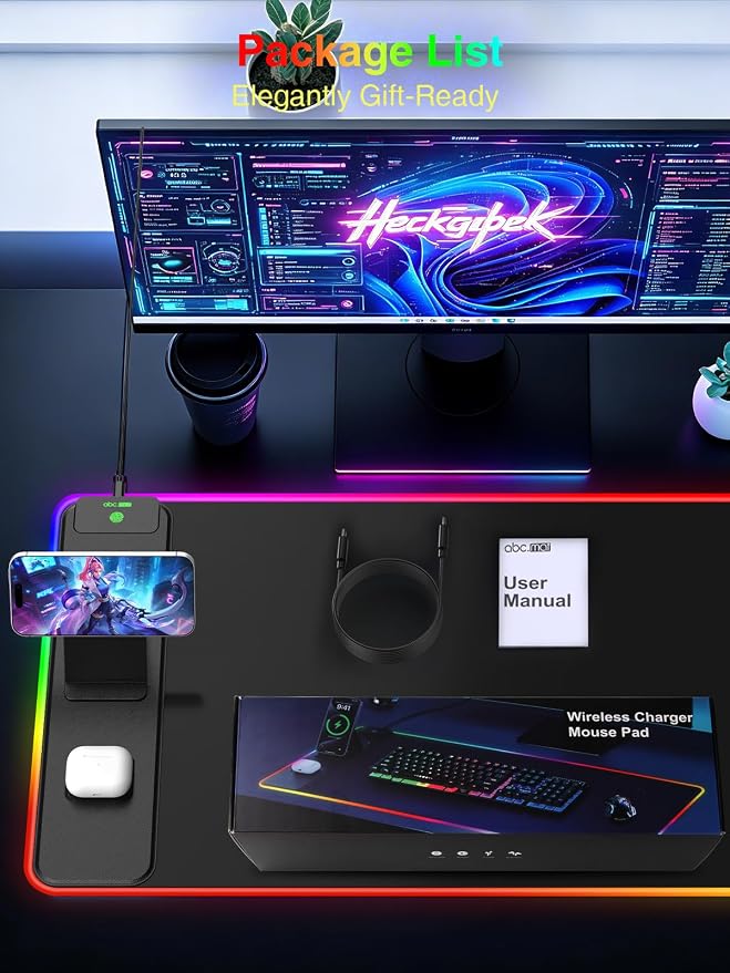 Wireless Charging Mouse Pad with Magnetic Phone Stand, 31.5"x15.8" Large | Gaming Mousepad RGB Desk Mat, Smooth Glide, Stitched Edge, Non-Slip Rubber Base, Waterproof Keyboard Mat, No Adatper