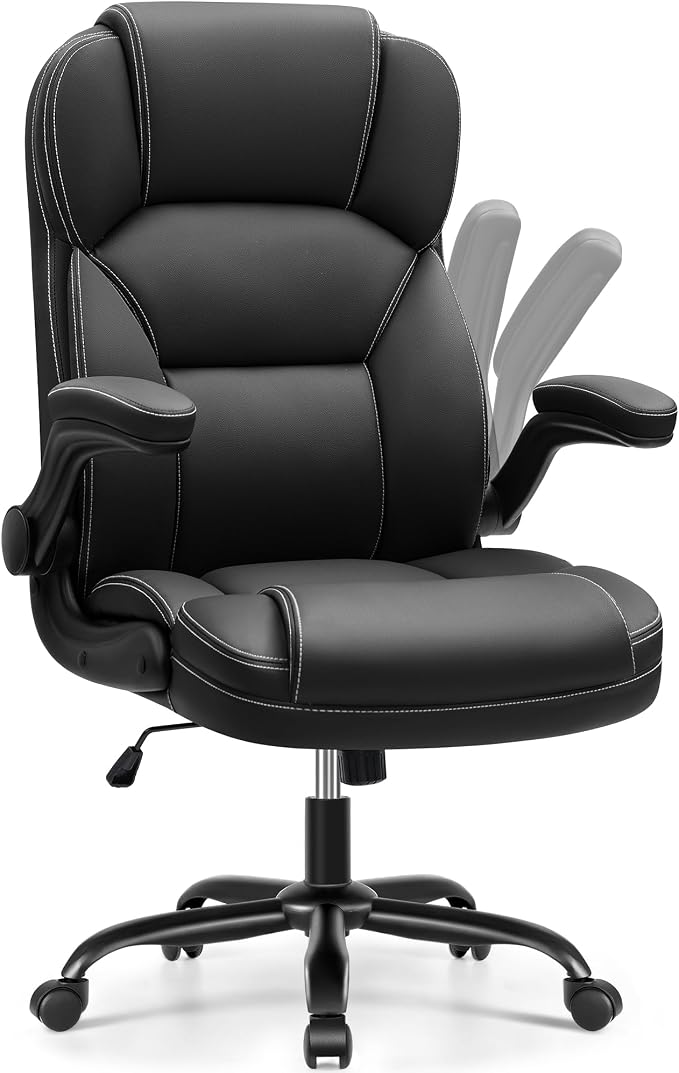 PU Leather Office Chair, Ergonomic High-Back Desk Computer & Gaming Chair with Adjustable Height, Rolling Swivel & Flip-Up Armrests, Comfy Padded Seat for Home Office-Black