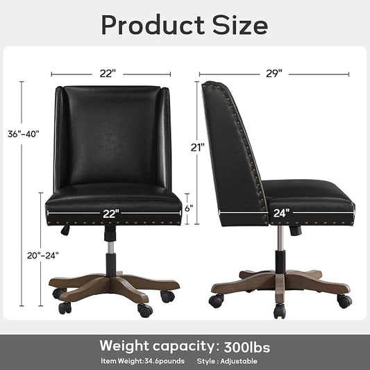 Zihanhome Armless Home Office Chair with Wooden Legs, Modern Leather Upholstered Office Desk Chair No Arms Sewing Chair Adjustable Swivel Desk Chair for Farmhouse Office Study Studio (Black)