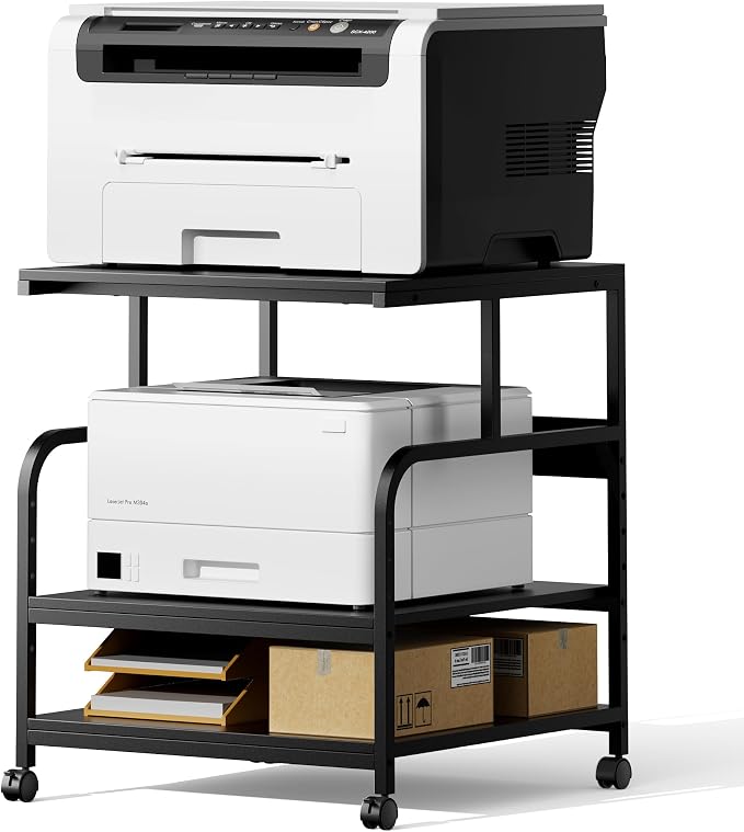 Warmiehomy Printer Stand, 24''ร24''ร29'' Large Printer Table for Home Office with Locking Casters, Sturdy 3-Tier Rolling Cart with Adjustable Shelf, Mini Fridge Stand, Home Office Essentials, Black