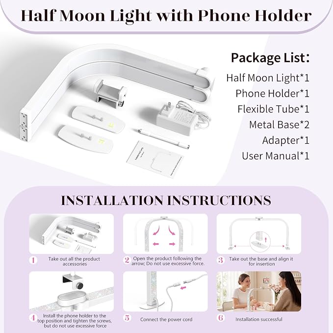 LIONVISON Nail Light for Desk: 29" Foldable Half Moon Light for Nail Tech with Phone Holder - 3 Color Modes & 10 Brightness - 40W Arch LED Nail Desk Lamp for Manicure Salon (with Diamond)