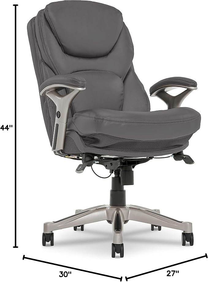 Serta Claremont Executive Office Chair with Back-In-Motion Technology, Ergonomic Mid-Back with Pivot Lumbar Support and Seat, Plush Cushion, Body Pillows, Adjustable Arms, Bonded Leather, Gray