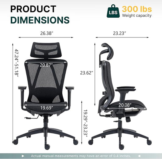 Ergonomic Mesh Office Chair, 3D Adjustable Armrests Desk Chair with 360° Swivel Silent Casters, 90°-120° Reclining Backrest Adjustable Gaming Chair for Home Office
