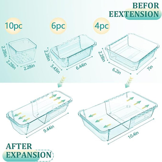 20 Pcs Adjustable Clear Drawer Organizer, Extendable Vanity Storage Bins, Desk Drawer Organizer Set for Makeup, Cosmetics, Bedroom, and Gadgets, Blue