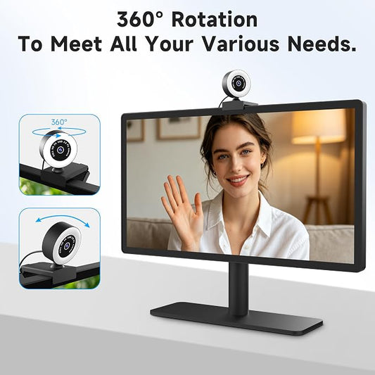 USB HD 2K Video Webcam,with Ring Ligh and Microphoneand Rotatable Tripod& Privacy Cover for PC,, Fast AutoFocus,with Auto White Balance for Video Calls, Live Streaming Gaming & Online Meetings