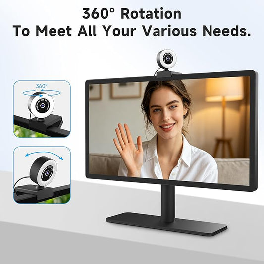 USB HD 1080P Video Webcam,with Ring Ligh and Microphoneand Rotatable Tripod& Privacy Cover for PC,, Fast AutoFocus,with Auto White Balance for Video Calls, Live Streaming Gaming & Online Meetings