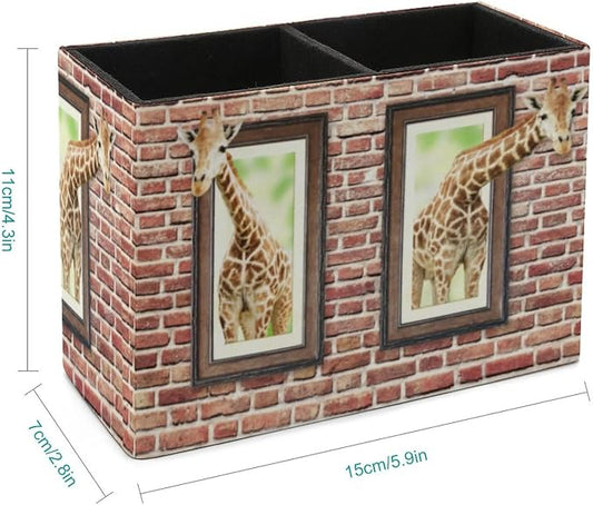 Pencil Holder for Desk, Curious Cute Giraffes Pen Holder Storage Desktop Pen Organizer Desk Pencil Organizer Makeup Brush Holder for Office School College Leather