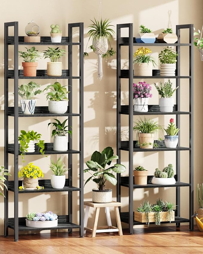 Furologee 6-Tier Bookshelf Set of 2, Tall Bookcase with 2 Drawers and Shelves, Industrial Display Free Standing Shelf Units, Storage Rack Organizer for Bedroom, Living Room, Home Office, Black Oak
