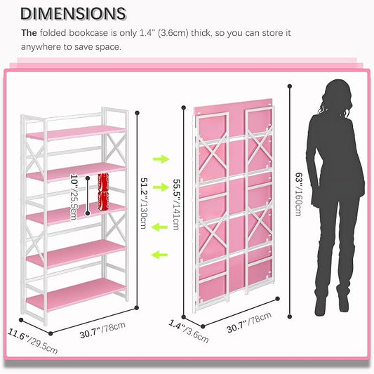 4NM Extra Wide 5 Tiers No Assembly Book Shelves, 51.2" H Folding Bookshelf Bookcase Open Industrial Foldable Shelves for Bedroom, Living Room, Home Office - Pink White