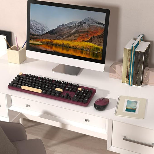 Colorful Wireless Keyboard and Mouse Combo, Retro Typewriter Style Round Keys, 2.4GHz Ergonomic Aesthetic Computer Keyboard with Wrist Rest for Mac, Windows, Laptop, PC(Claret-Red)