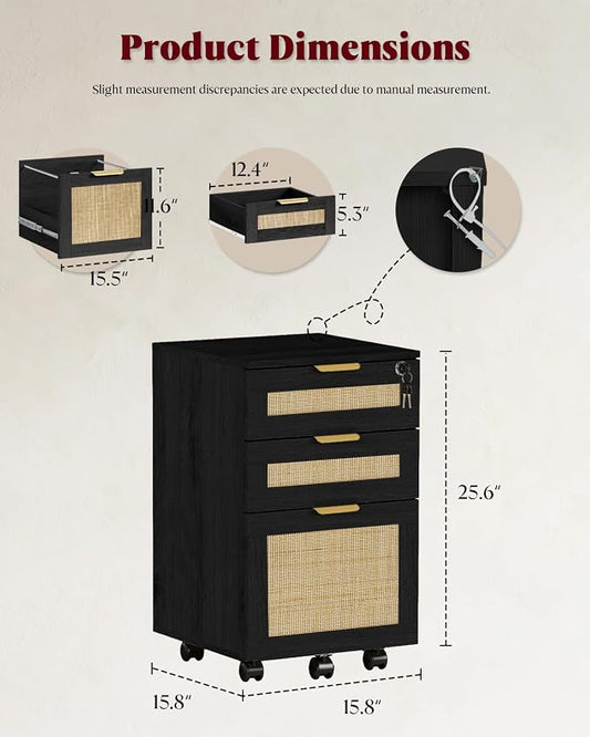 HOPUBUY 3 Drawer File Cabinet with Lock, Small Rattan Filing Cabinets with Wheels, Wood Rolling Office Storage for Under Desk Home Office,Black
