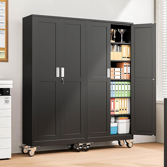pozdeg 75" Metal Garage Storage Cabinets with Wheels, Lockable Rolling File Cabinets with 2 Doors and 5 Adjustable Shelves, Steel Tool Organizer Locker for Office Home Garage Gym School, Black