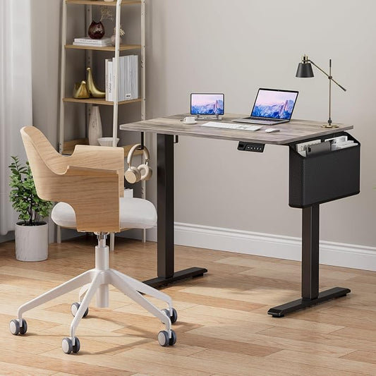 KLUVIS Grey Small Electric Standing Desk - 32 Inch Narrow Small Adjustable Stand Up Desk for Writing Study Work, Mini Sit to Stand Desks Workstation for Adult Boys Girls Bedroom Home Office