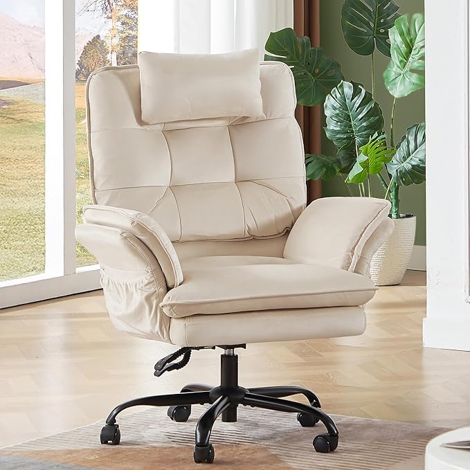 Bestier Criss Cross Chair with Flip-Up Armrests, Swivel Makeup Vanity Chair with Wheels & Side Pockets, Cross Legged Office Chair for Home Office, Bedroom (Beige Velvet, High Back)